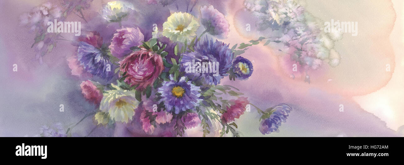 Asters violets dans un vase aquarelle Nature morte Banque D'Images