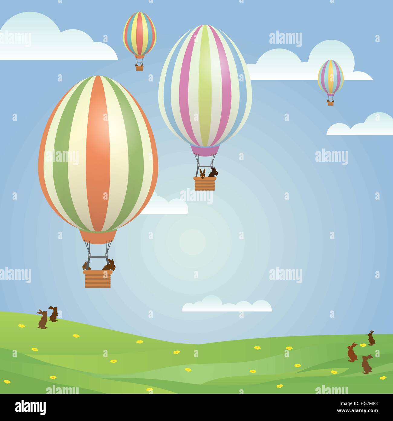 Lapins de Pâques en montgolfières au printemps paysage vector illustration Illustration de Vecteur