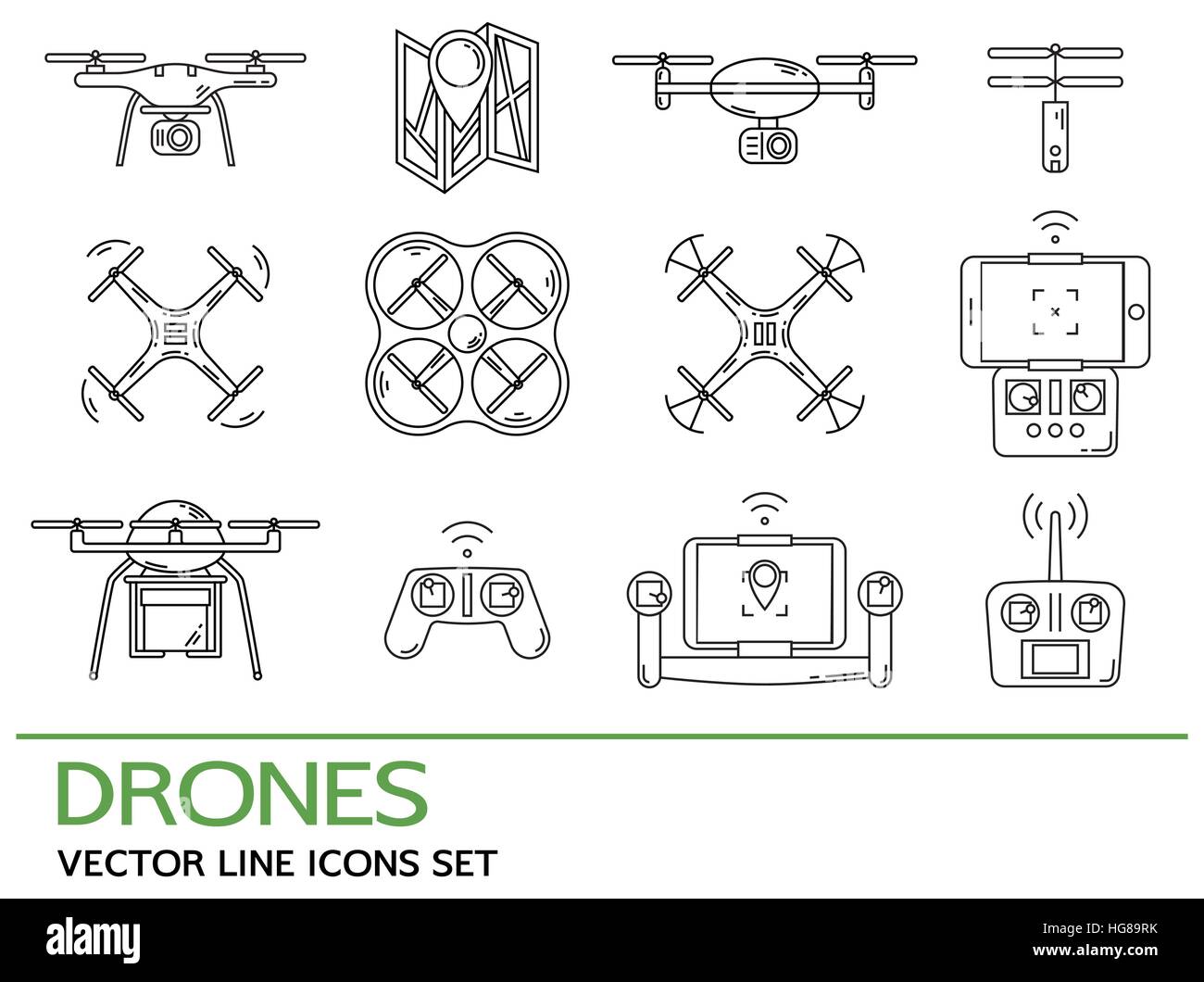 Fine ligne moderne serti de drones. Collection d'icônes avec quadrocopter, hexacopter, multicopter faite en style de ligne. Illustration de Vecteur