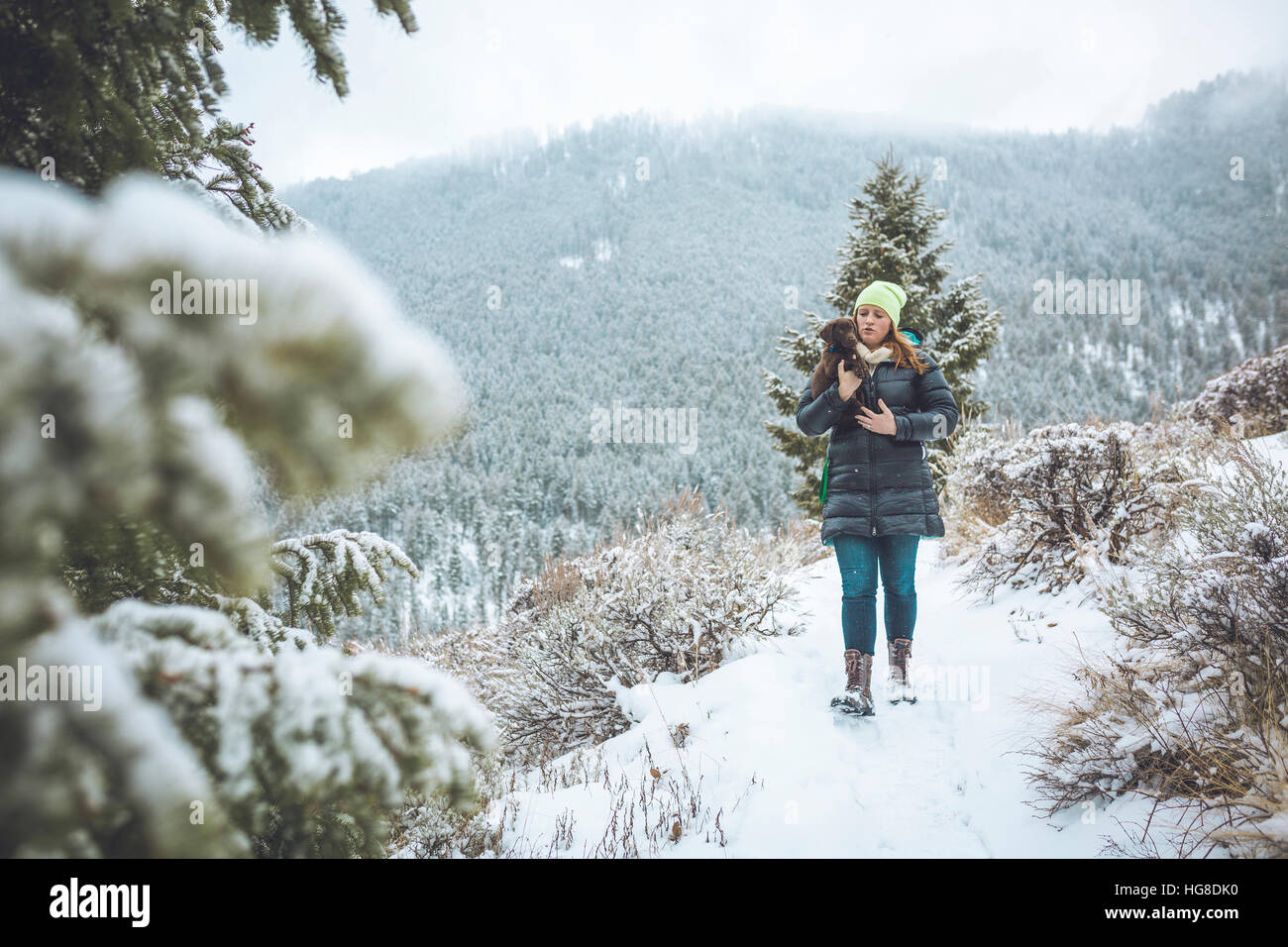 Femme transportant chiot en marchant sur le terrain couvert de neige Banque D'Images