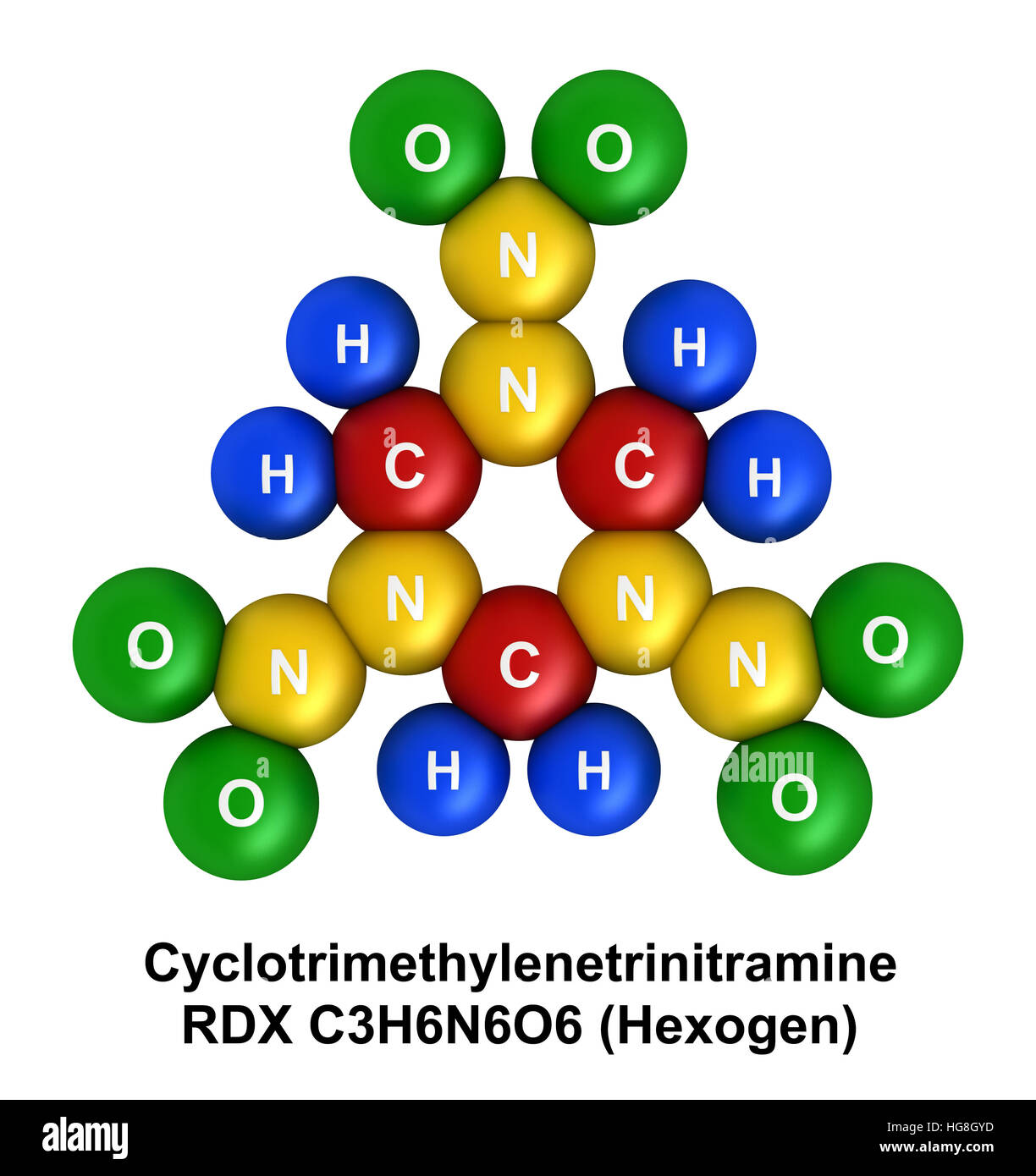 Le rendu 3D de la structure moléculaire d'cyclotrimethylenetrinitramine (RDX, hexogène) isolé sur fond blanc Banque D'Images