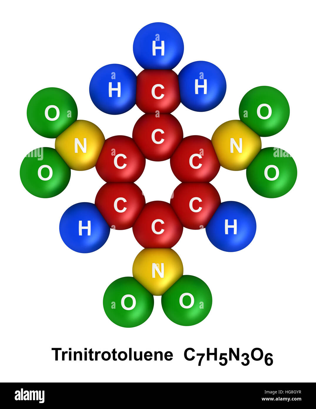 Le rendu 3D de la structure moléculaire de trinitrotoluène isolé sur fond blanc Banque D'Images