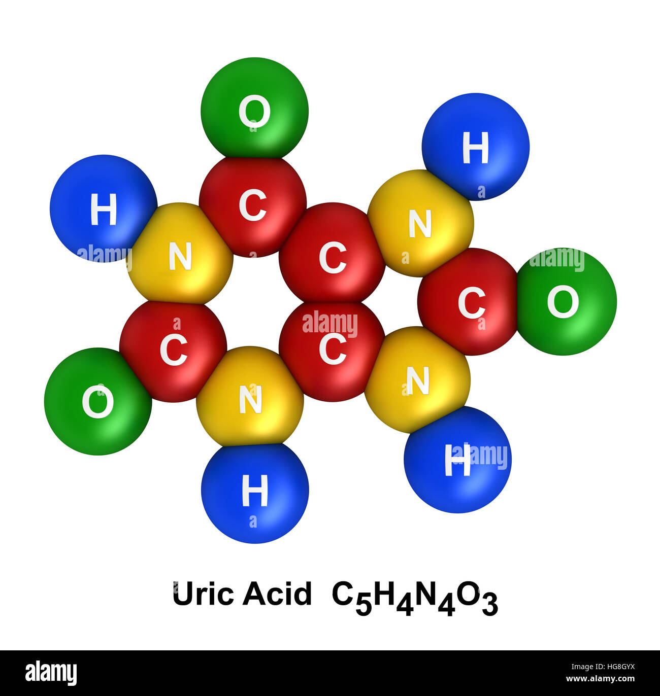 Le rendu 3D de la structure moléculaire de l'acide urique isolé sur fond blanc Banque D'Images