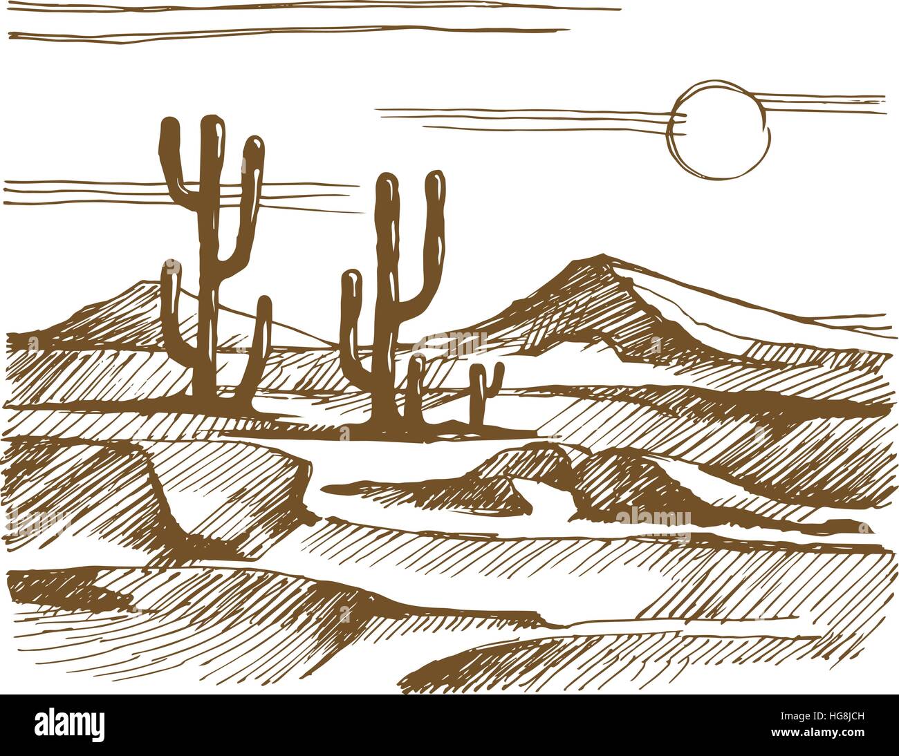 Croquis vecteur Nord paysage avec cactus Illustration de Vecteur