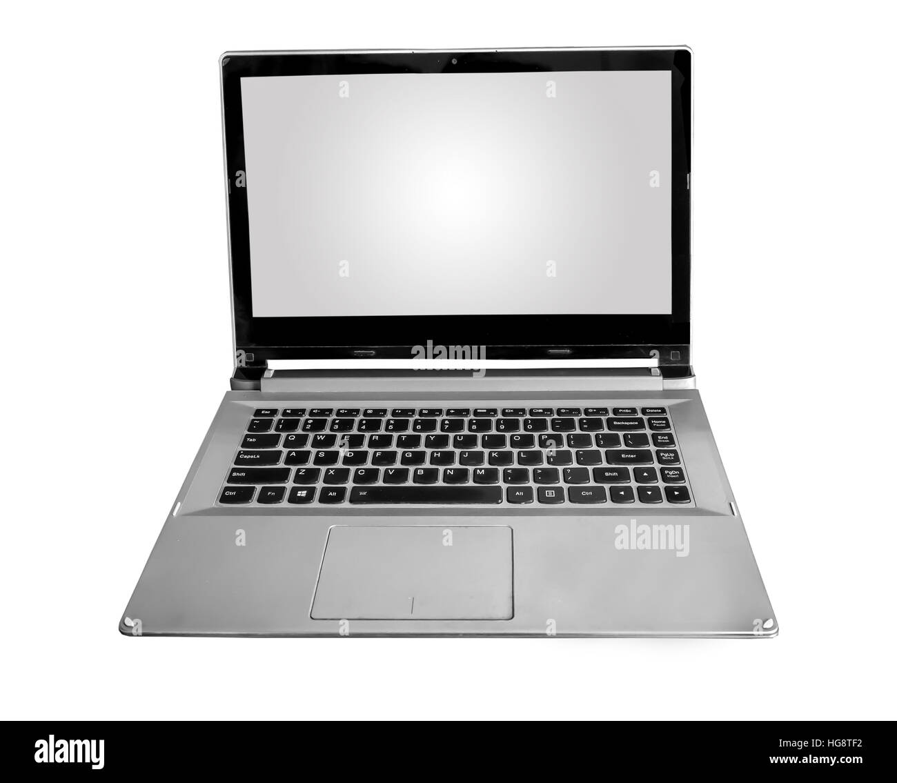 Ordinateur portable isolé en blanc avec gradient glow écran. Banque D'Images