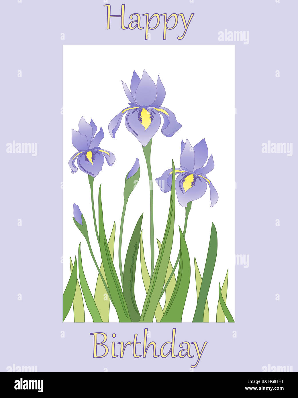 Une Illustration D Une Carte D Anniversaire Avec Un Iris Flower Design Sur Un Fond Lilas Et Les Mots Joyeux Anniversaire Photo Stock Alamy