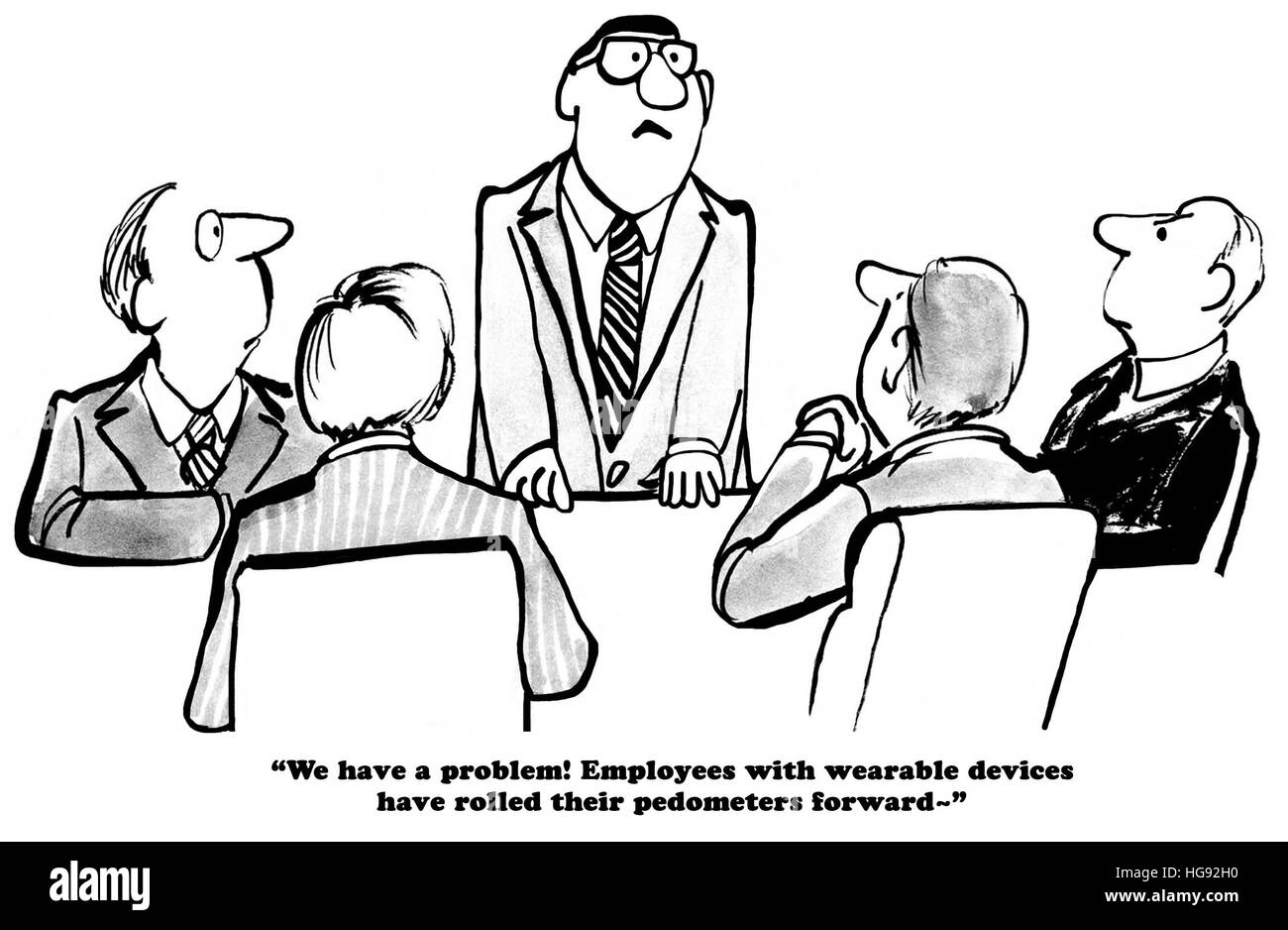Caricature de la santé sur les employés de tricher le système d'assurance en accélérant leur podomètre. Banque D'Images