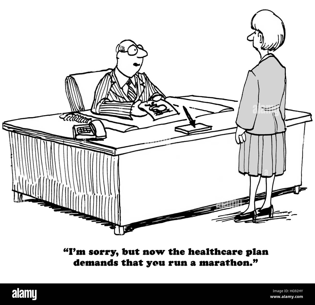 L'assurance-santé de l'entreprise Programme de dessin qui exige maintenant des employés de courir un marathon pour participer. Banque D'Images