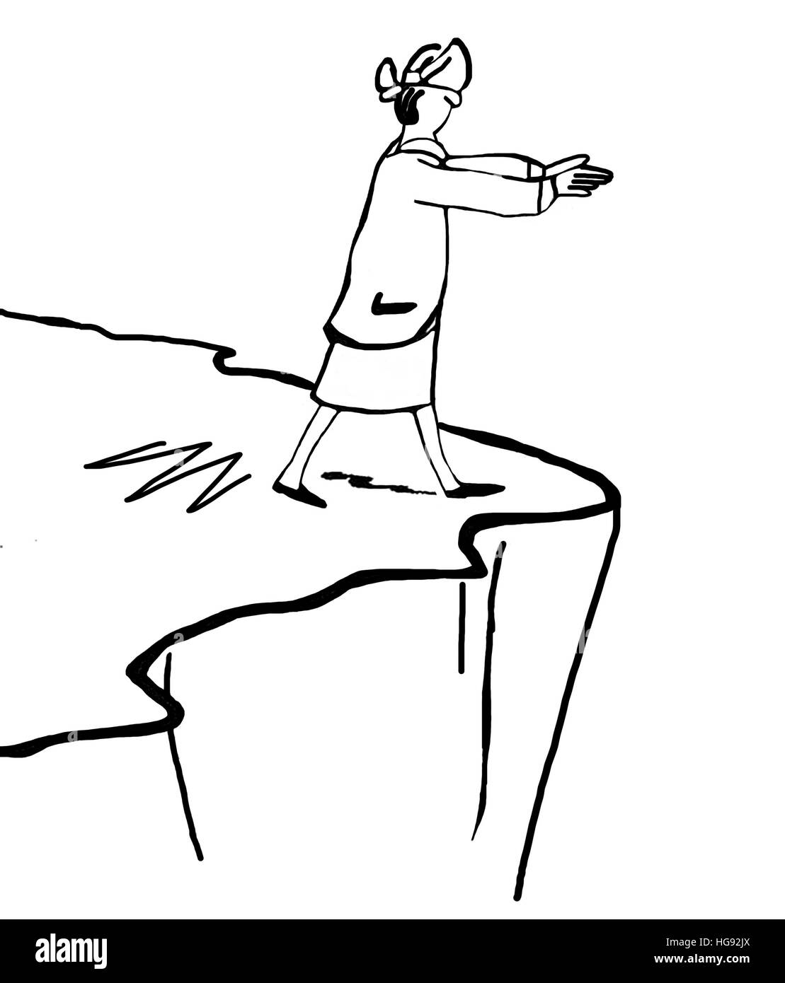 Caricature d'une femme les yeux bandés sur le point de quitter le bord d'une falaise. Banque D'Images