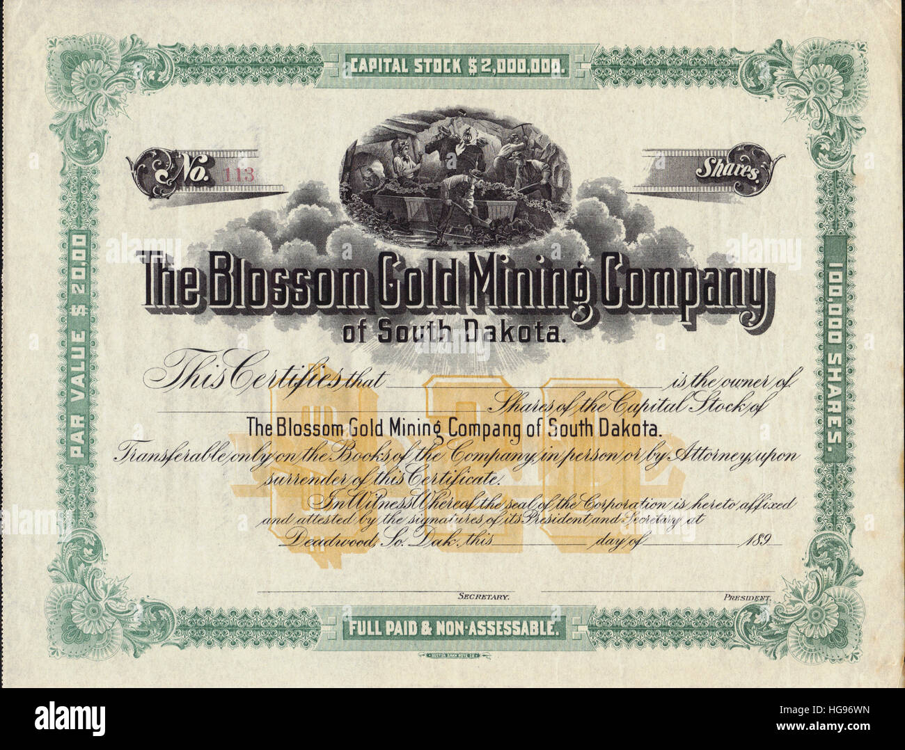 Early Western Mining stock Certificate - États-Unis Banque D'Images