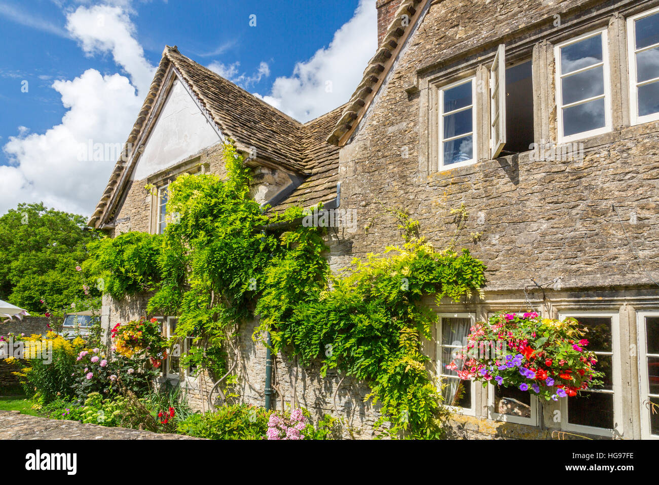 Une petite maison en pierre avec des toits de tuiles de pierre couverte de glycine dans le village de Lacock, Wiltshire, England, UK Banque D'Images
