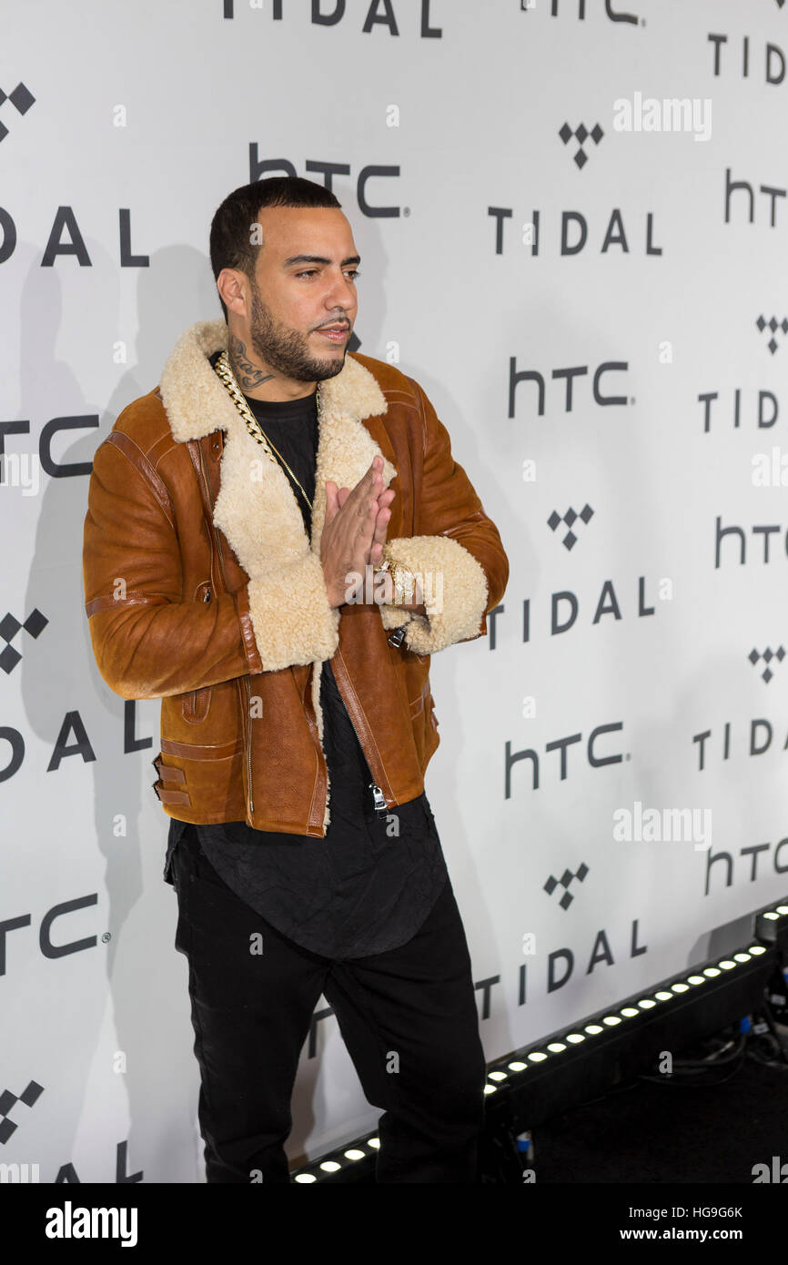 Le rappeur français Montana arrive au Barclays Center à effectuer au raz-de-X:1020 concert-bénéfice le 20 octobre 2015 à Brooklyn, New York. Banque D'Images