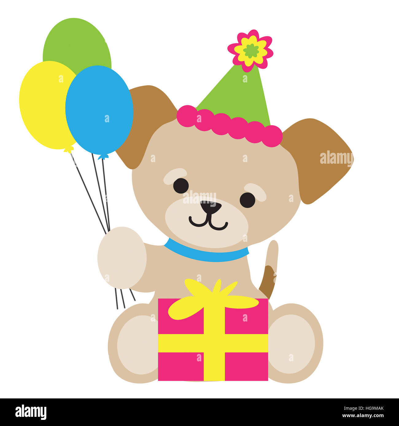 Chiot brun anniversaire un mignon petit chiot brun est la tenue de trois ballons. Il est assis avec un présent en face de lui et un chapeau de fête sur la tête Banque D'Images