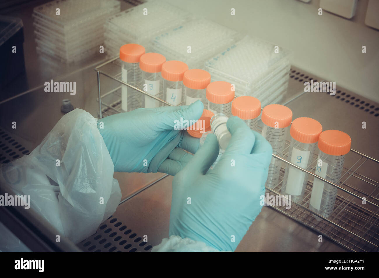 Technicien de laboratoire de l'échantillon prend pour test tube, Close up, soft focus Banque D'Images