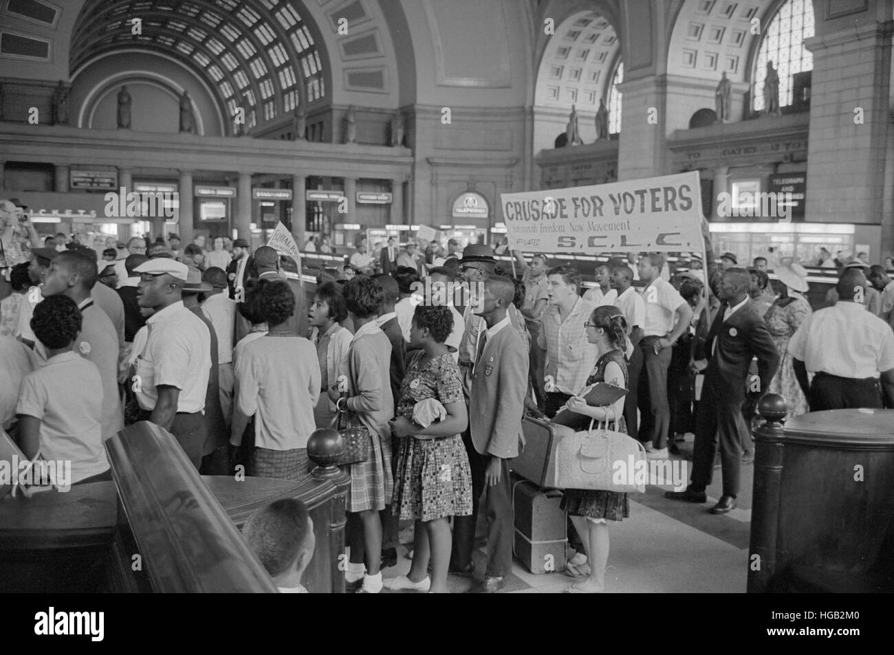 28 août 1963 - marcheurs arrivant à la gare Union pour la Marche sur Washington. Banque D'Images