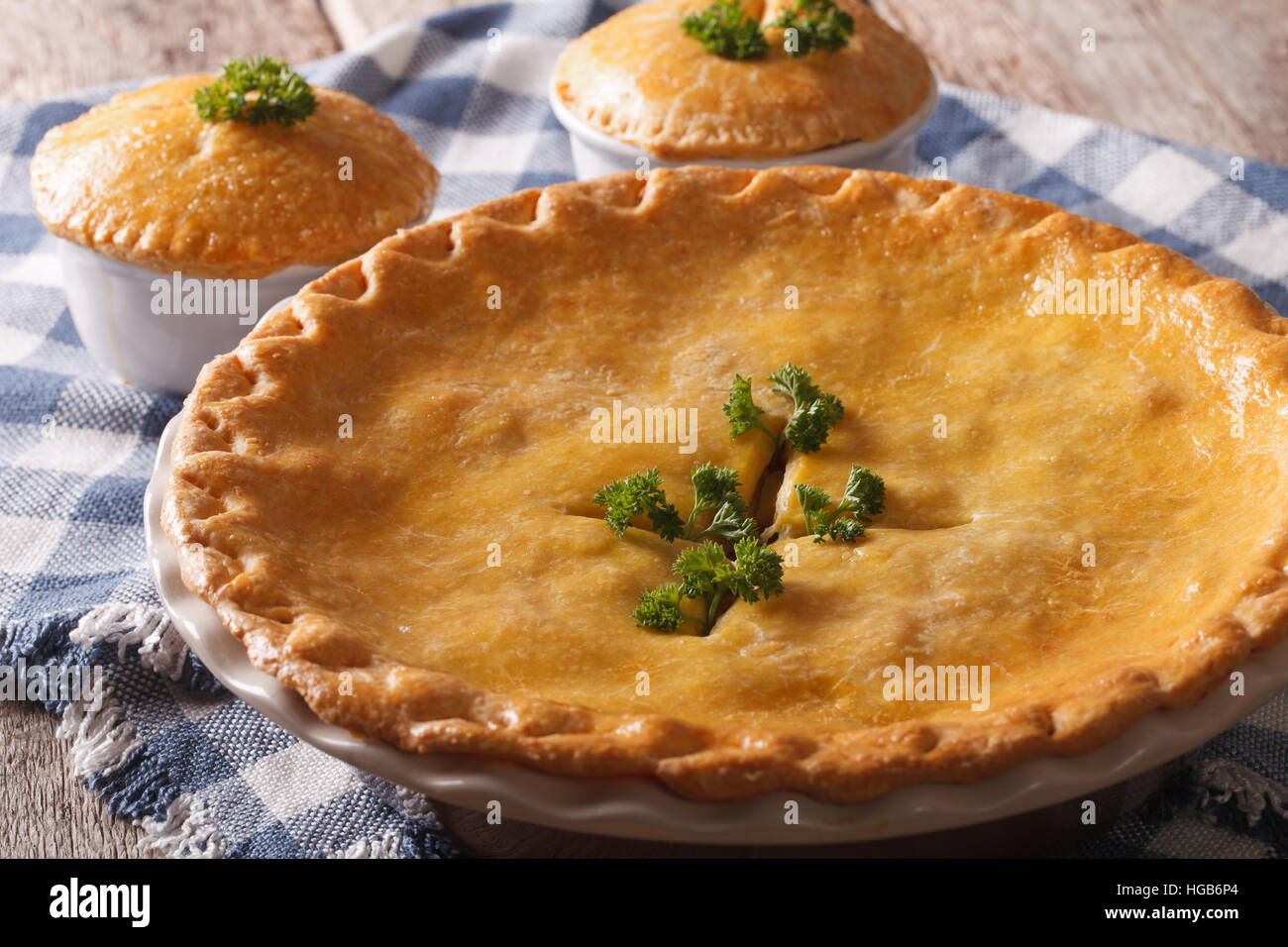 Tourte au poulet fraîchement cuits dans le plat de cuisson close up sur la table horizontale. Banque D'Images