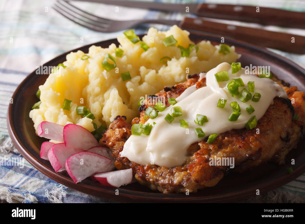 Steak de poulet frites de pommes de terre avec la garniture sur une assiette horizontale close-up Banque D'Images