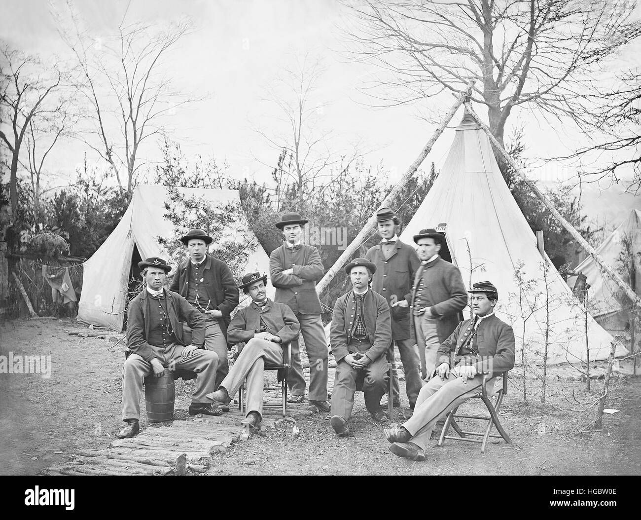 Guerre civile américaine soldats à leur campement. Banque D'Images