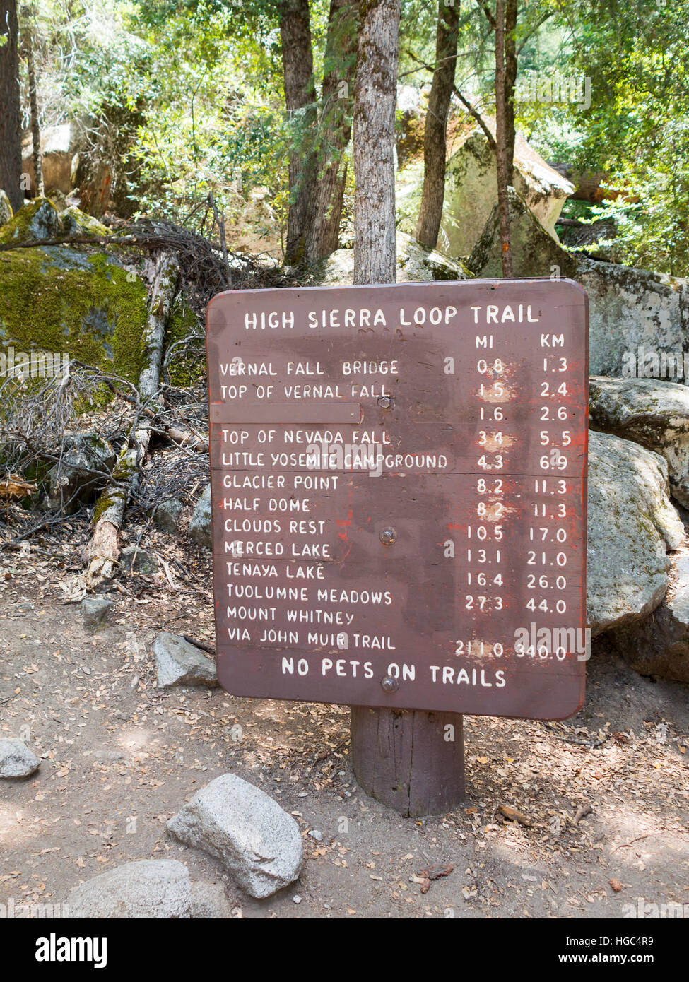 Distances signer au début du sentier en boucle dans High Sierra Yosemite National Park Banque D'Images