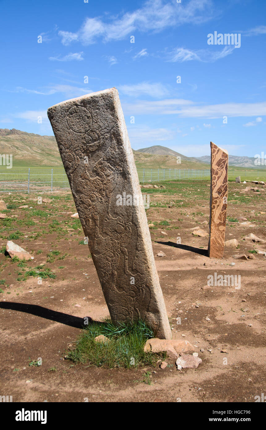 Pierres de cerfs ou Uushigiin Uver, l'âge du bronze site près de Moron, Mongolie Banque D'Images