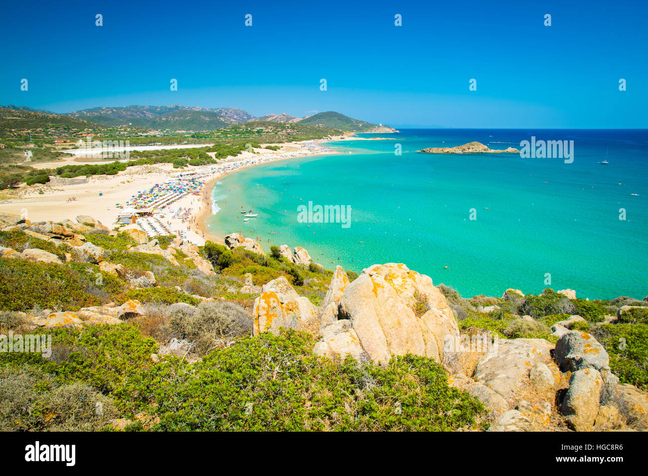 Panorama des merveilleuses plages de Chia, Sardaigne, Italie. Banque D'Images