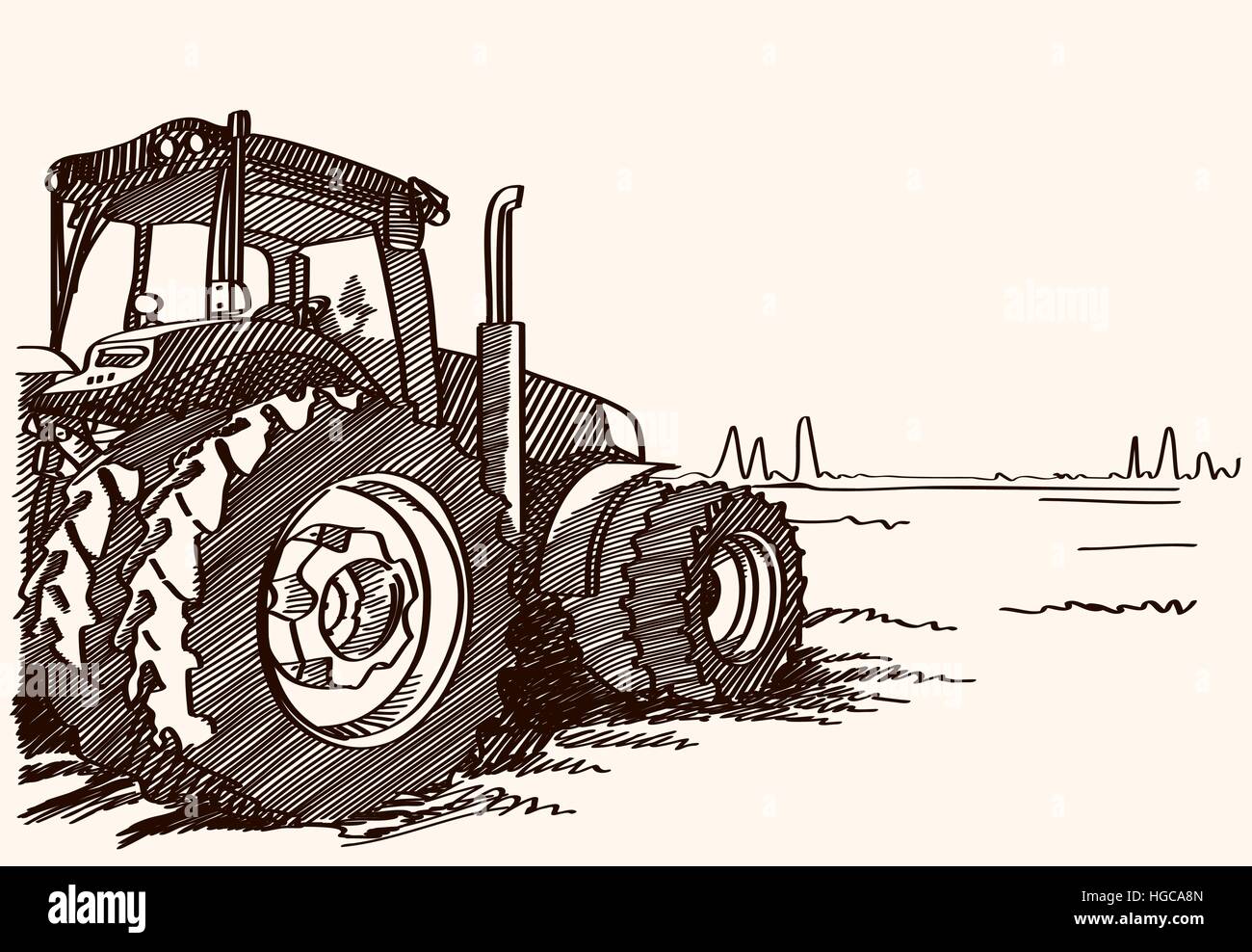 Le tracteur sur un champ. Freehand vecteur icône dessiné à la main d'encre linéaire photo sketchy dans art pen style gribouillis sur papier. Vue de côté avec l'espace pour le texte sur la Illustration de Vecteur
