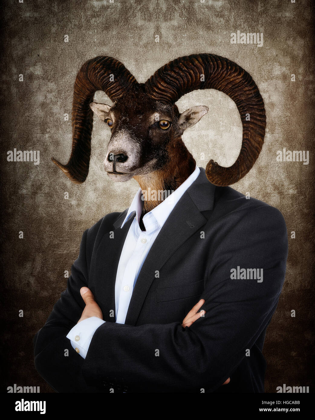 Tête d'une chèvre sur le corps d'un homme sur fond brun texturé Banque D'Images