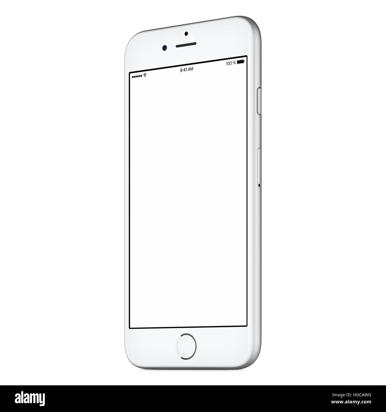 Smart phone mobile blanc légèrement tourner la maquette des deux côtés avec écran blanc isolé sur fond blanc. Studio de haute qualité. Banque D'Images