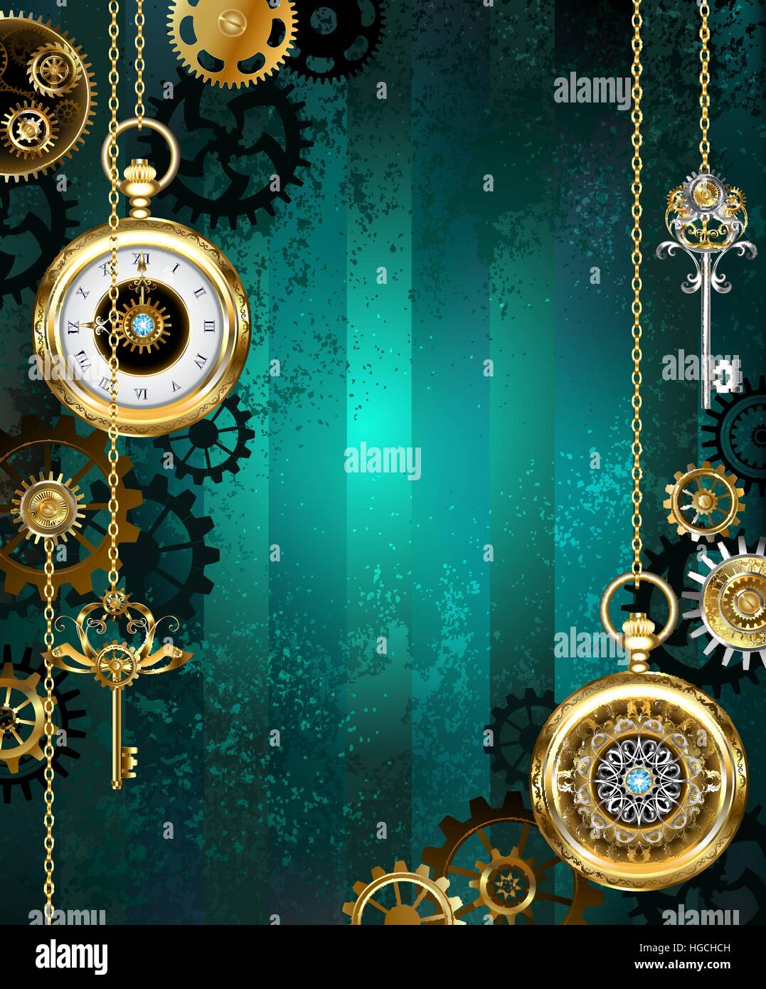 Bijoux, montre en or avec une chaîne en or et les touches d'un background texture vert. Style Steampunk. Illustration de Vecteur