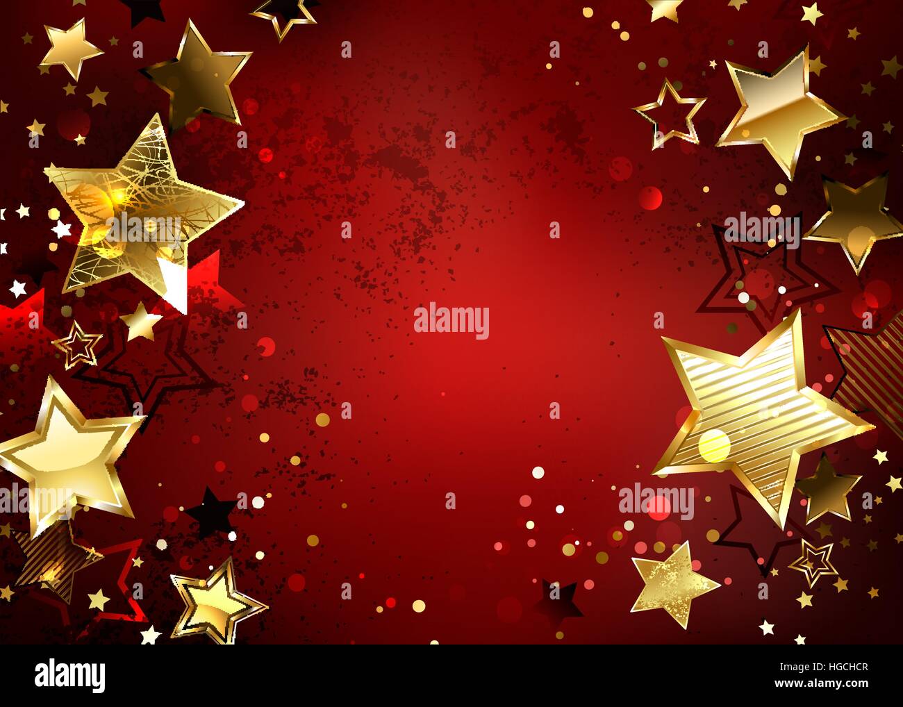 Fond texturé rouge avec des étoiles dorées. Conception avec étoiles d'or. Illustration de Vecteur
