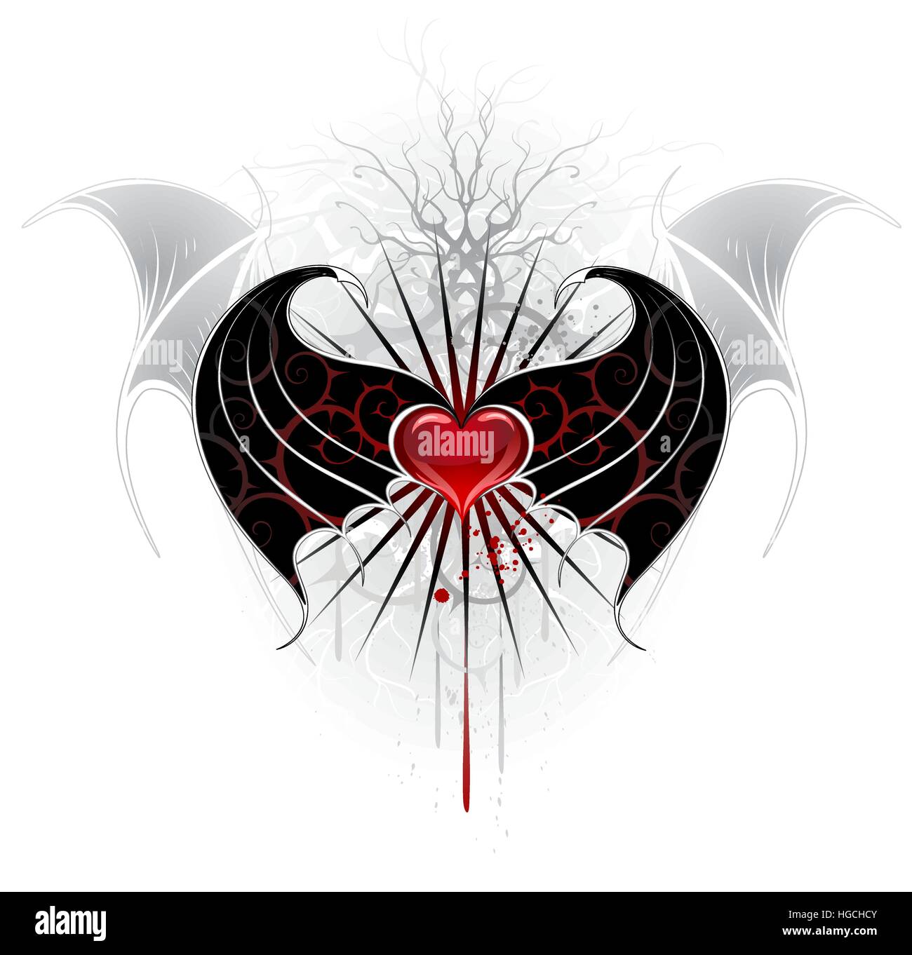 Artistiquement peintes, cœur rouge d'un vampire avec des ailes noir, décoré avec un motif de crampons. Illustration de Vecteur