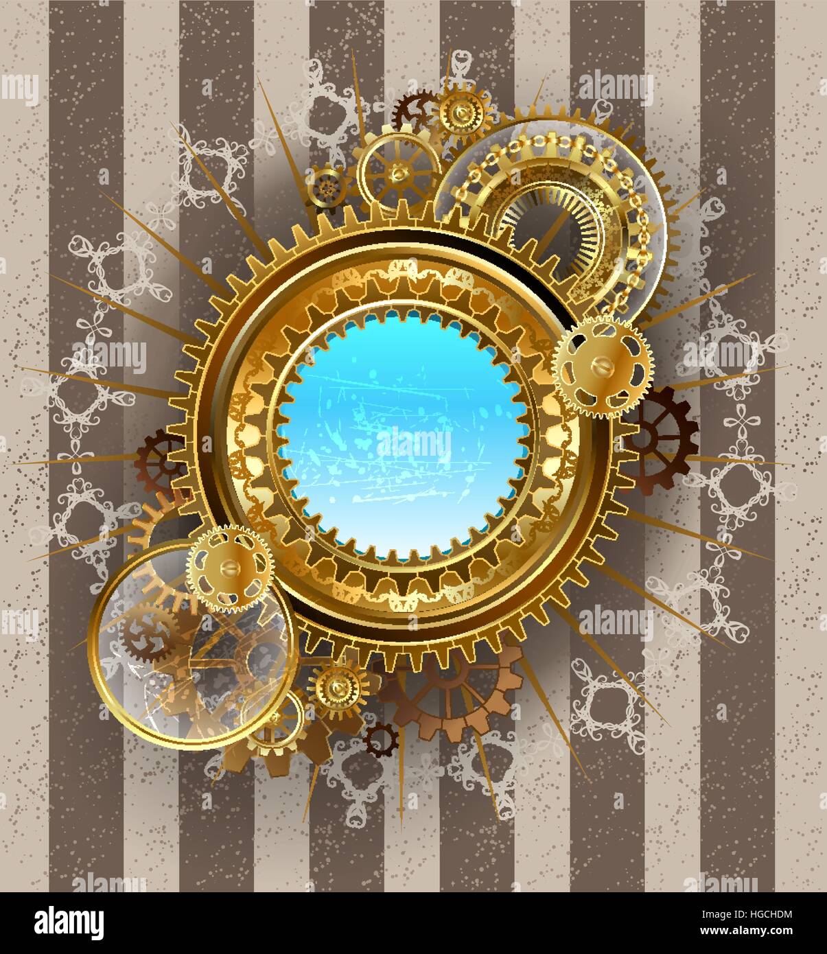 Bannière ronde avec de l'or et les pignons en laiton, équipé d'une lentille en verre transparent sur un fond à rayures de lumière. Illustration de Vecteur