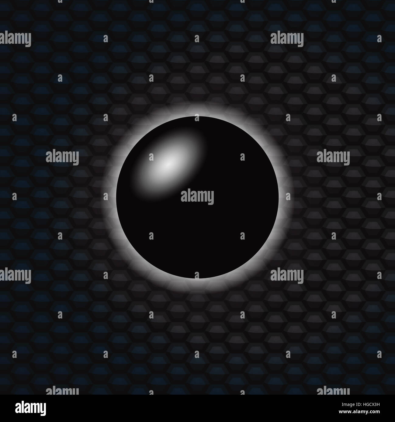 Illustration 3D d'une sphère noire sur fond bleu et noir Honeycomb Banque D'Images