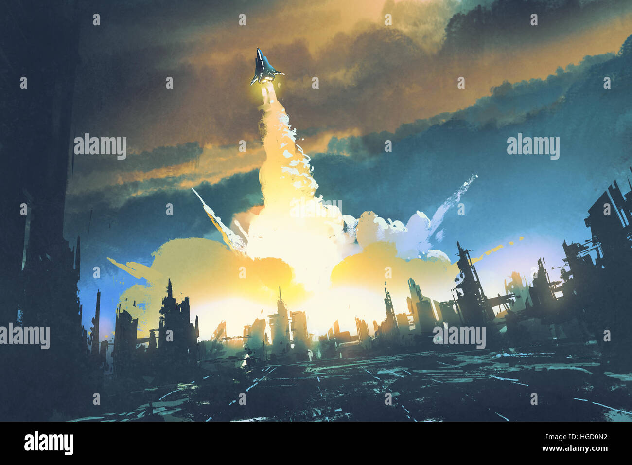 Lancement d'une fusée décoller d'une ville abandonnée,concept sci-fi,illustration peinture Banque D'Images