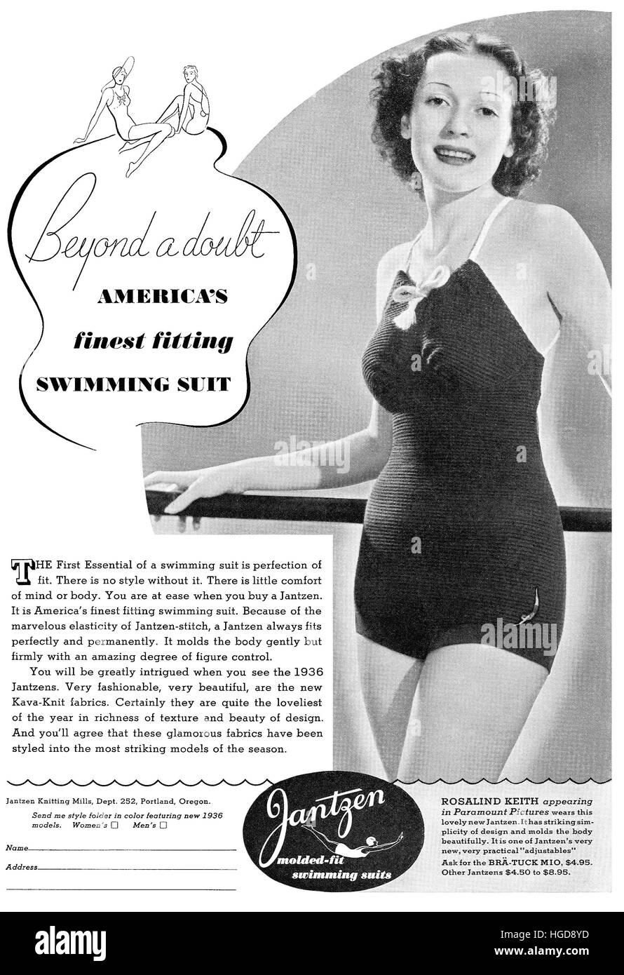 1936 publicité américaine pour Jantzen maillot avec l'actrice Rosalind Keith Banque D'Images