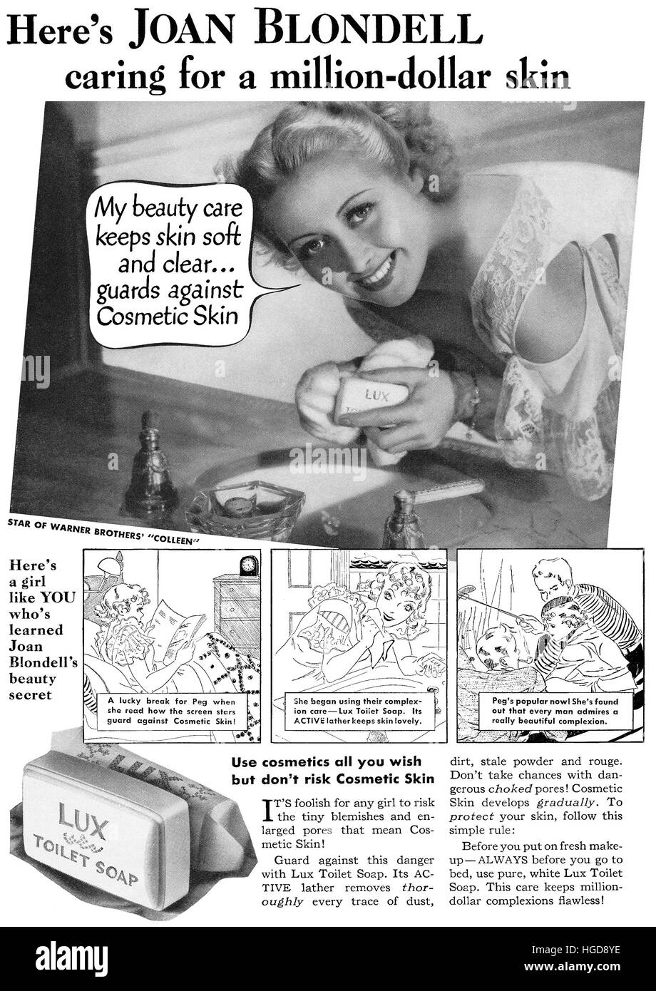 1936 publicité pour le savon Lux américain avec l'actrice Joan Blondell Banque D'Images