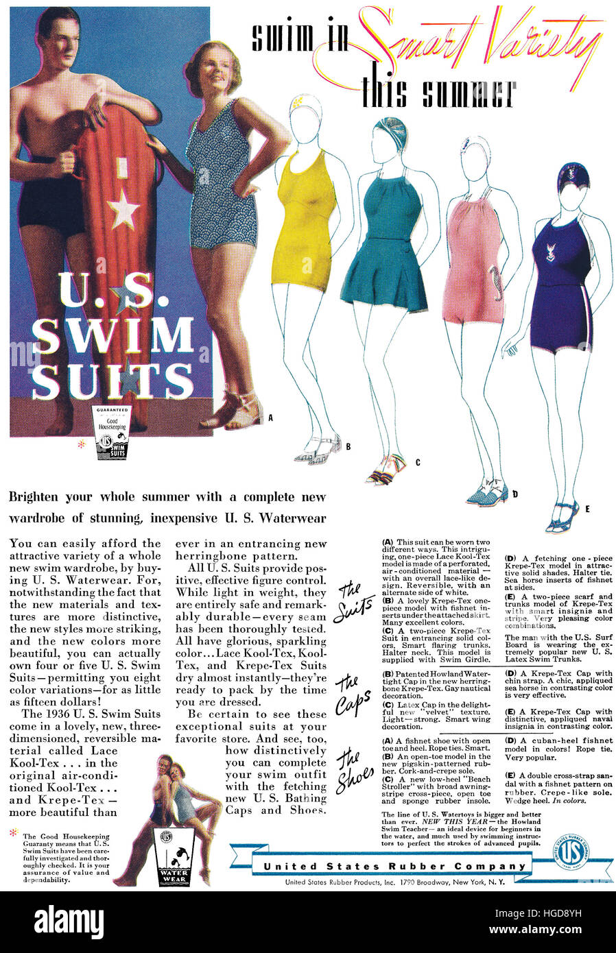 1936 publicité américaine pour United States Rubber Company maillots Banque D'Images