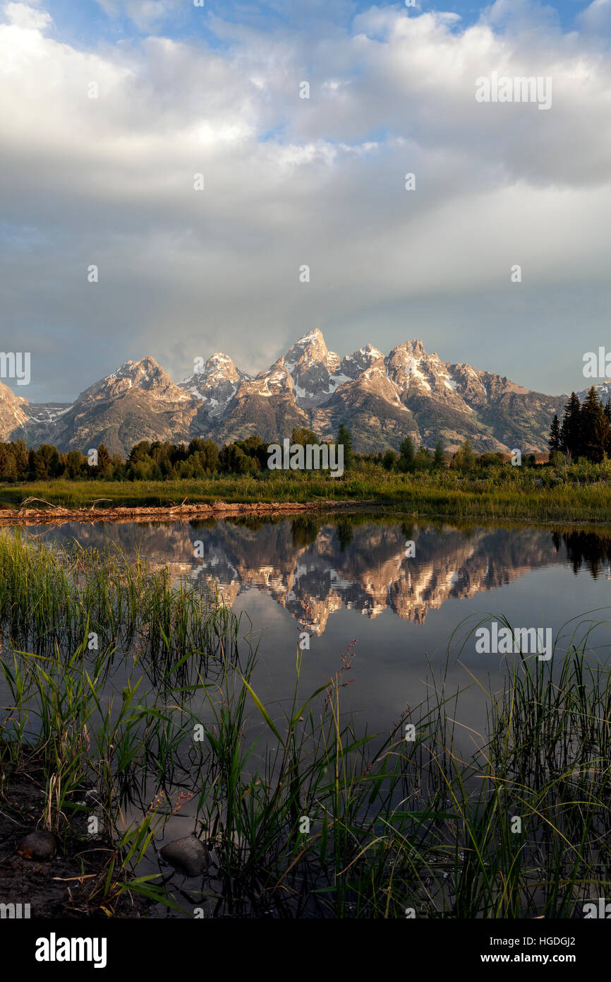 WY01993-00...WYOMING - la chaîne Teton reflète dans la Snake River vue de l'atterrissage à Schwabacher Parc National de Grand Teton. Banque D'Images