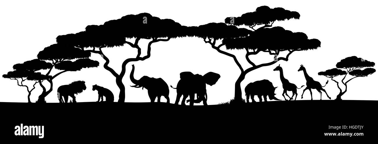 Un safari africain paysage silhouette animale Banque D'Images