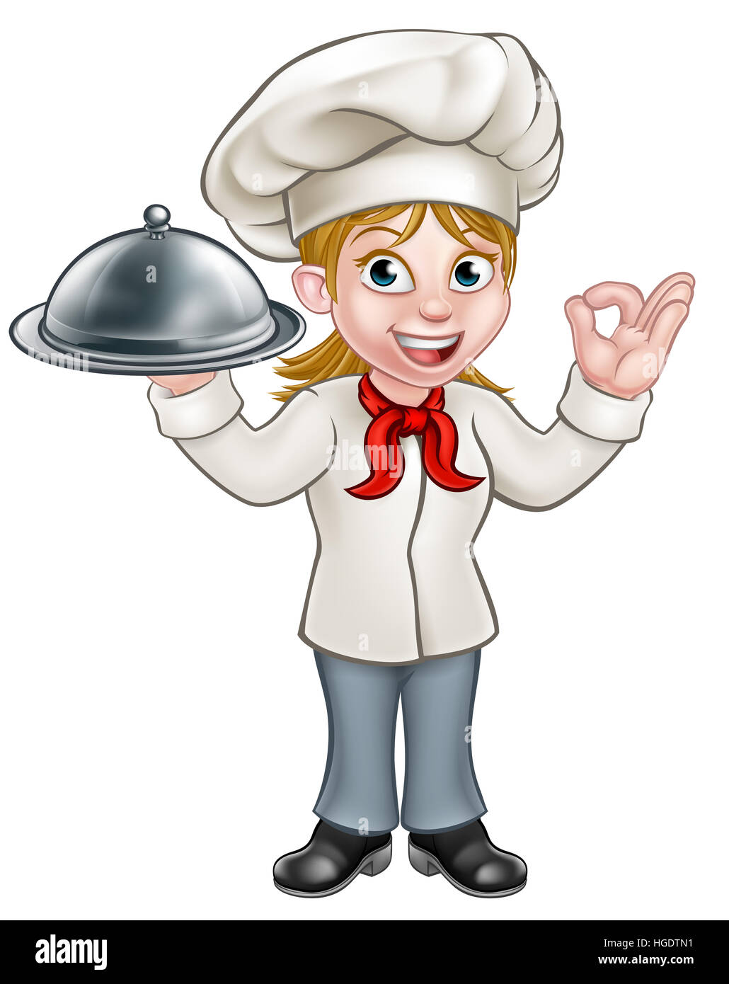 Femme chef de bande dessinée ou baker tenant une cloche d'argent plaque food platter et donnant un bon geste cook delicious parfait Banque D'Images