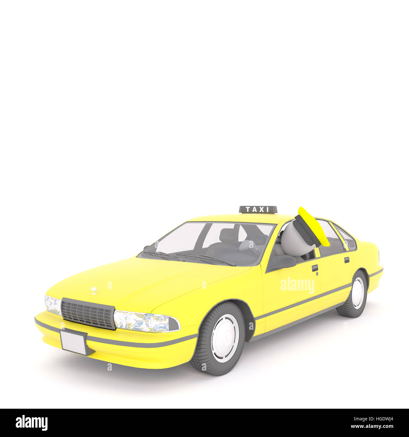 Le rendu 3D de l'homme en jaune cap chauffeur comme il est assis dans sa cabine de taxi et de coller sa tête Banque D'Images