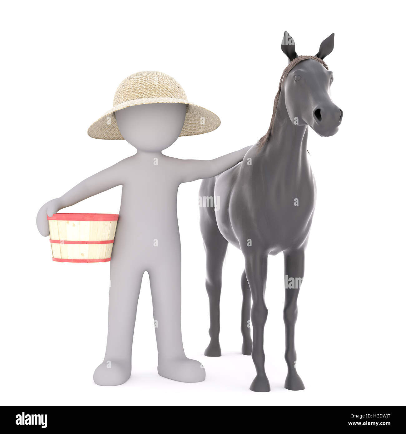 L'un figure en rendu 3D porte chapeau de paille et lieux main sur son cheval noir tout en maintenant panier Banque D'Images