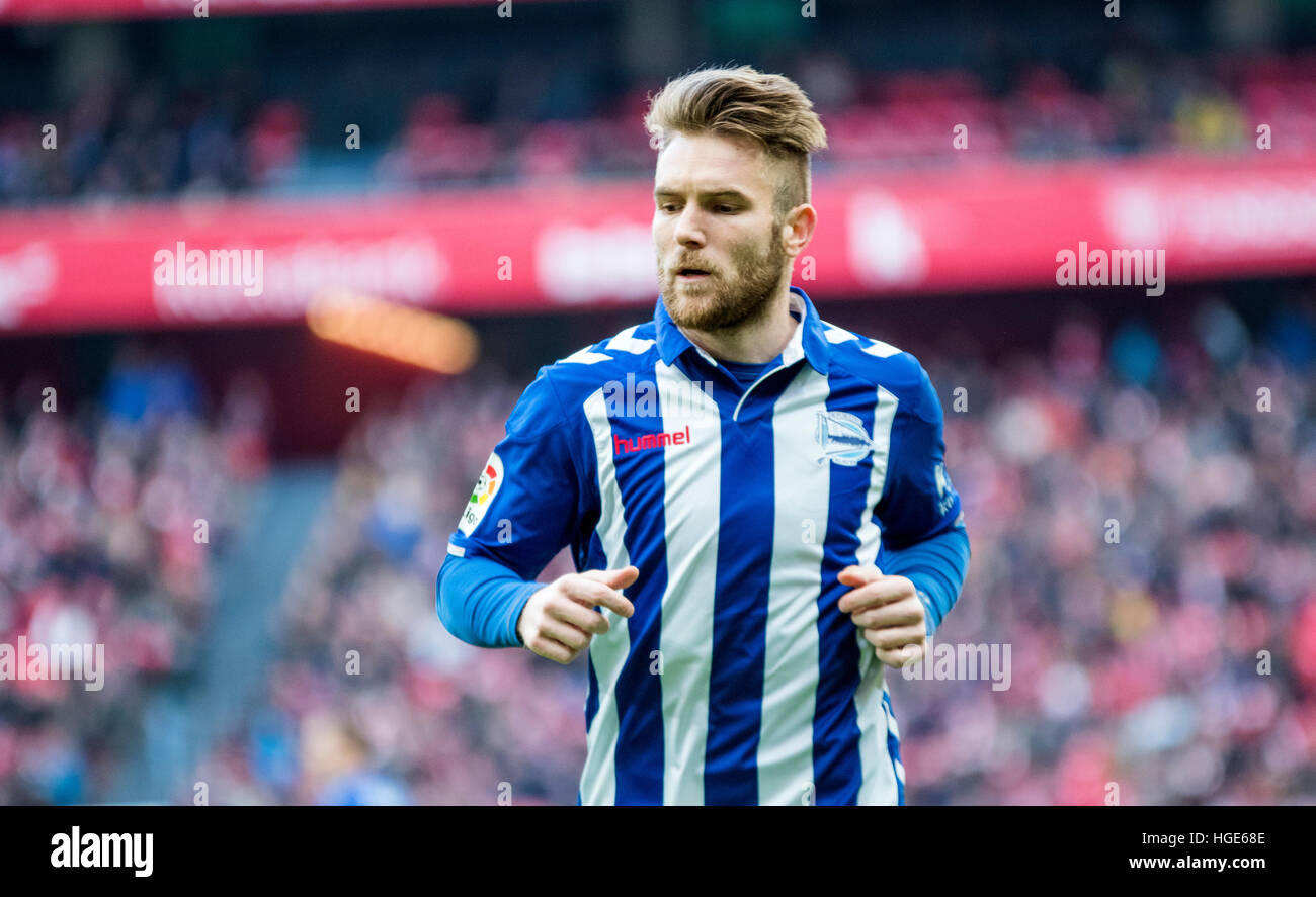 Bilbao, Espagne. 8 janvier, 2017. Aleksandar Katai (marche avant, Alaves) pendant le match de foot de dix-septième round de la saison 2016/2017 de ligue espagnole "La Liga" entre Club de sport et le Deportivo Alaves à San Mames Stadium le 8 janvier 2017 à Bilbao, en Espagne. ©david Gato/Alamy Live News Banque D'Images