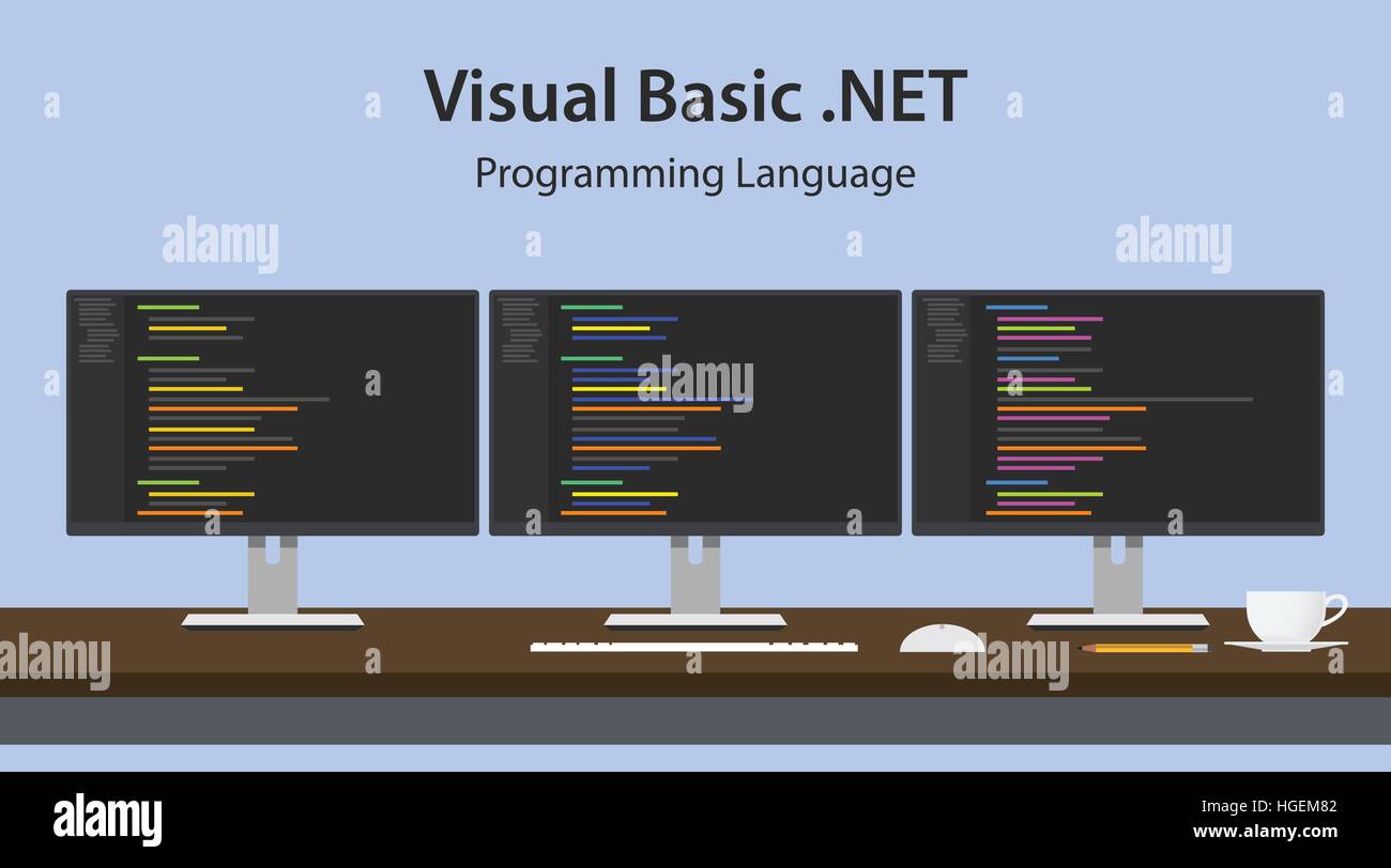 Illustration de Visual Basic langage de programmation .NET code affiché sur trois moniteurs d'affilée en l'espace de travail du programmeur Illustration de Vecteur