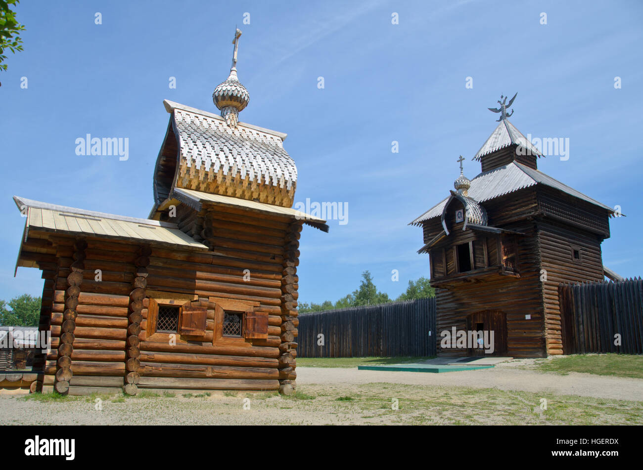 Musée d'architecture en bois Taltsy f et près de Ethonography ville d'Irkoutsk. Banque D'Images