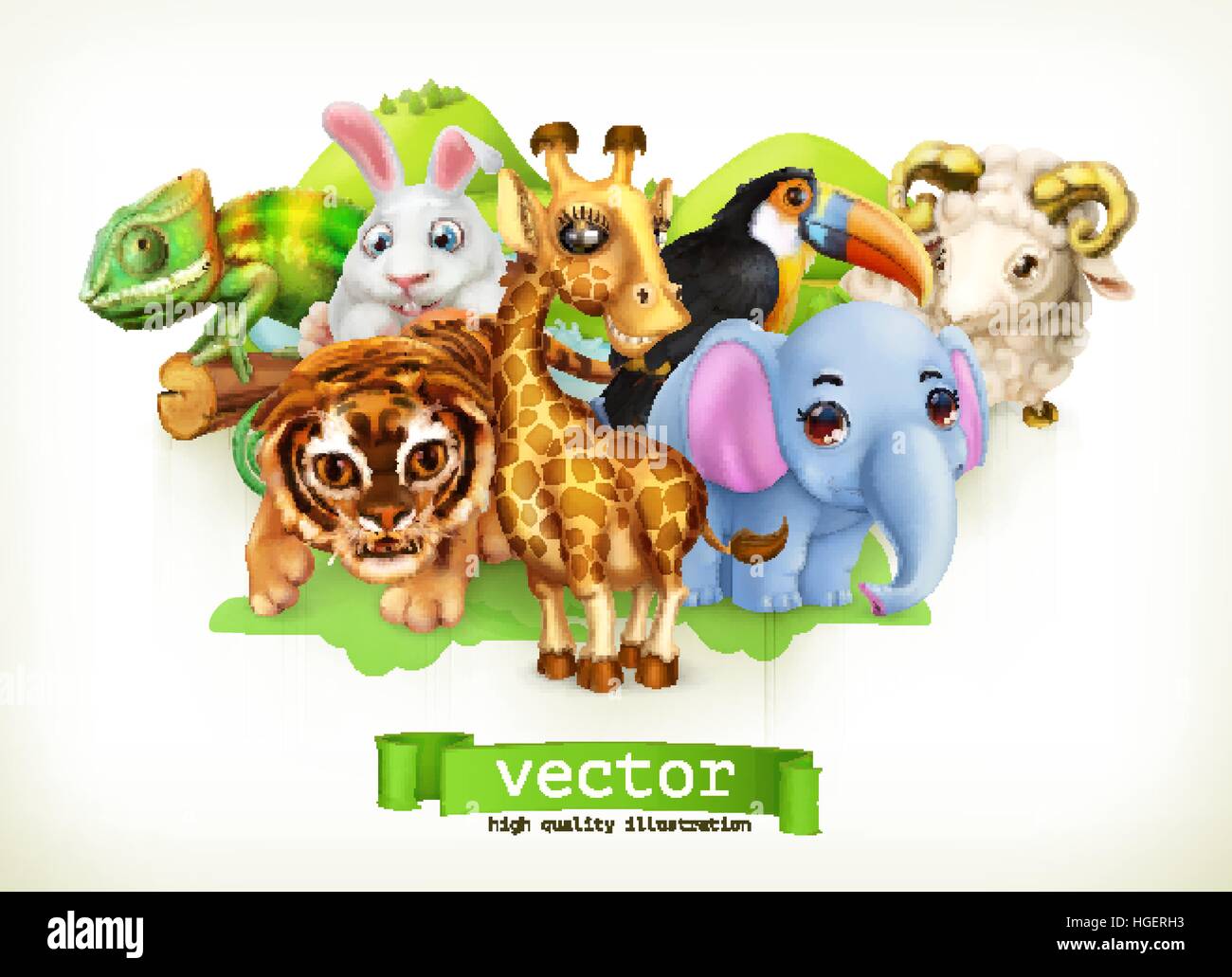 Cute giraffe, petit tigre, bébé éléphant, caméléon, toucan, happy bunny, l'agneau Illustration de Vecteur