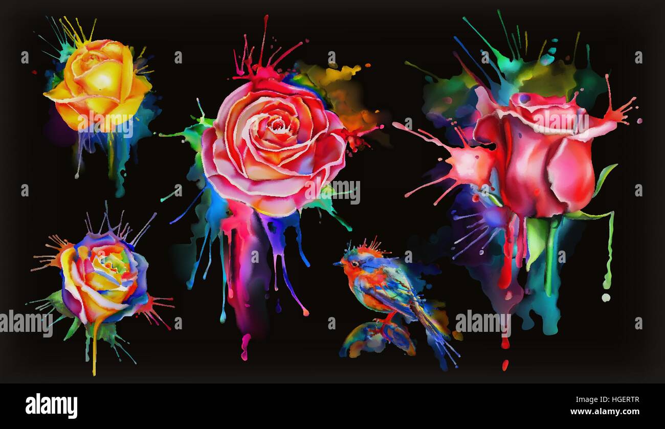 Aquarelle roses, ensemble de fleurs noir sur l'icône vecteur Illustration de Vecteur