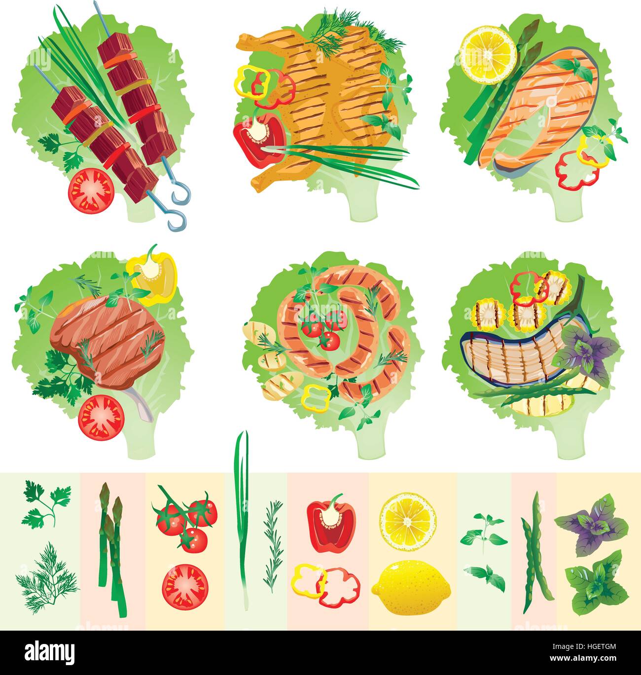 Ensemble de la viande grillée et légumes Illustration de Vecteur