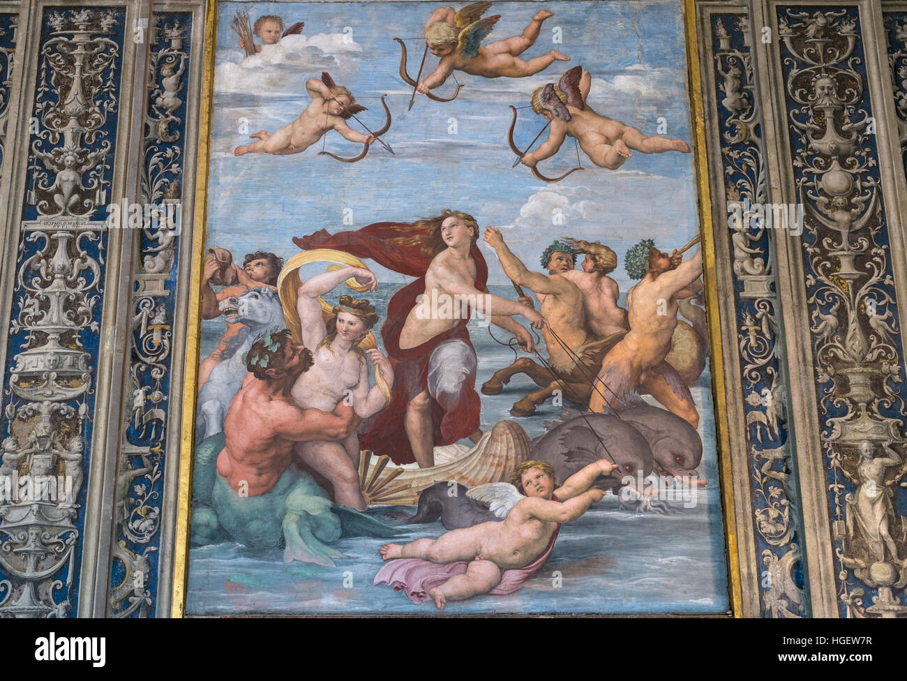 Rome. L'Italie. Villa Farnesina. Triomphe de Galatée, 1512, fresque de Raphaël dans la Loggia di Galatea, Banque D'Images