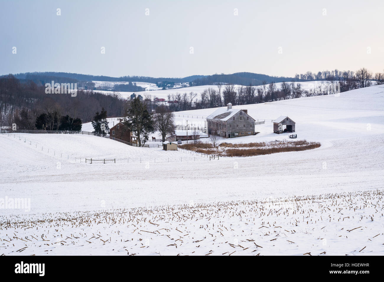 Vue d'un couvert de neige et de la ferme des collines, près de Shrewsbury, Massachusetts. Banque D'Images